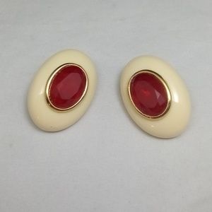 Kenneth Jay Lane KJL Cream Red Rhinestone Earrings